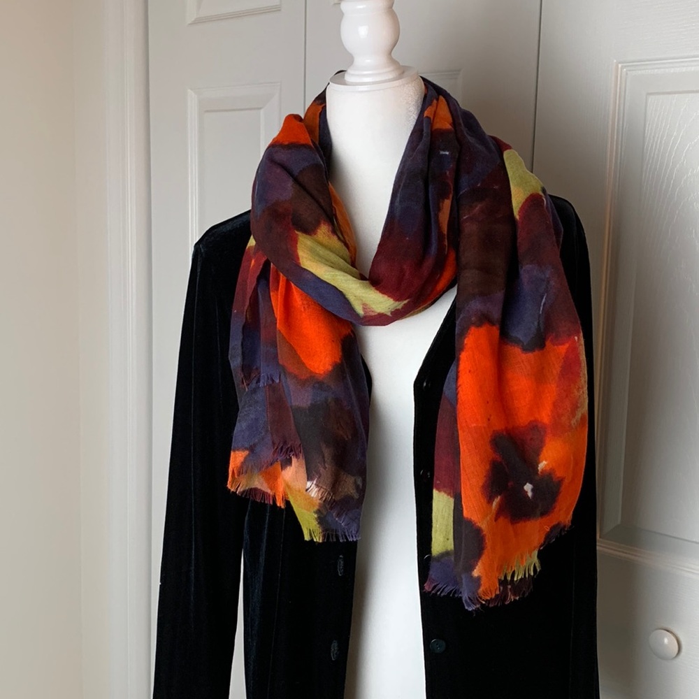 Large watercolor floral print scarf with eyelash trim